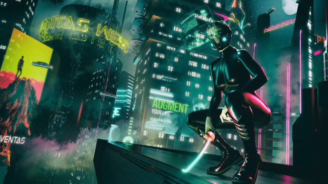 Futuristic city neon cyberpunk heroine free wallpaper - medium preview image