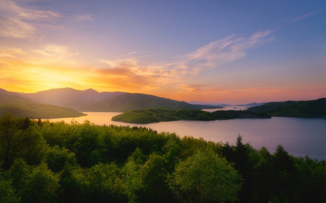 Sunset lake mountains trees orange free wallpaper - medium preview image