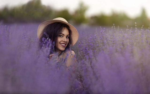 Lavender field woman hat smile free wallpaper - medium preview image