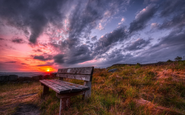 Bench hillside grass sunset cloudy free wallpaper - medium preview image