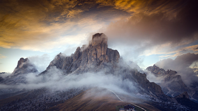Mountain peak clouds house sky free wallpaper - medium preview image