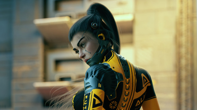 Cyberpunk woman yellow black outfit free wallpaper - medium preview image