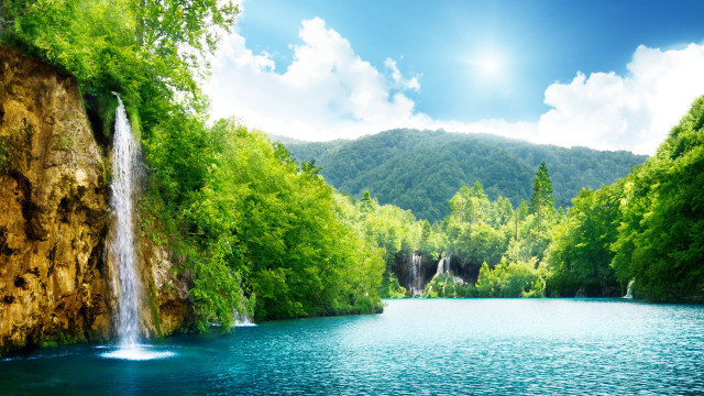 Waterfall lake trees mountains blue #2 free wallpaper - medium preview image