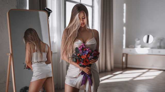 Woman white dress flower mirror free wallpaper - medium preview image