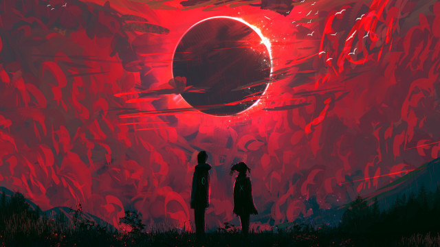 Red sky silhouette flowers space free wallpaper - medium preview image