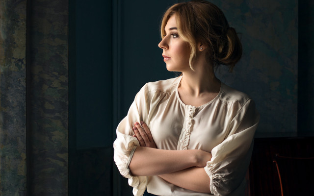 Woman crossed arms window portrait free wallpaper - medium preview image