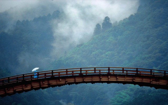 Person bridge umbrella mountain background free wallpaper - medium preview image