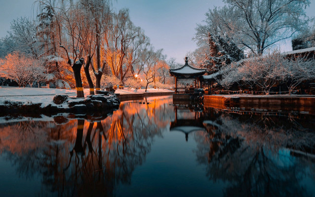 Pond pagoda snow trees autumn free wallpaper - medium preview image