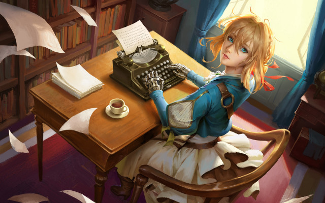 Girl typewriter coffee papers fantasy free wallpaper - medium preview image