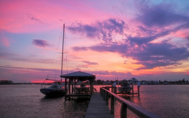 Dock boat pier gazebo sunset free wallpaper - medium preview image