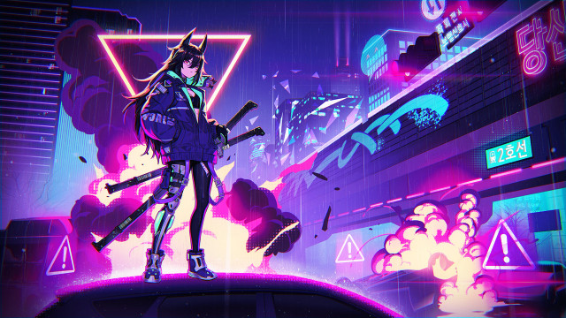 Futuristic city neon cyberpunk weapon free wallpaper - medium preview image