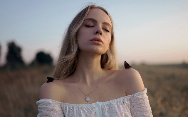Woman field closedeyes whitetop blonde free wallpaper - medium preview image