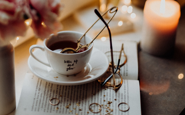 Coffee saucer spoon candle book free wallpaper - medium preview image