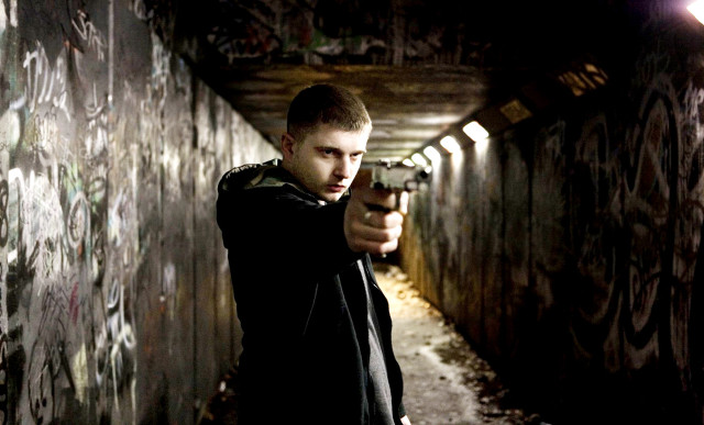 Man holding gun tunnel graffiti free wallpaper - medium preview image