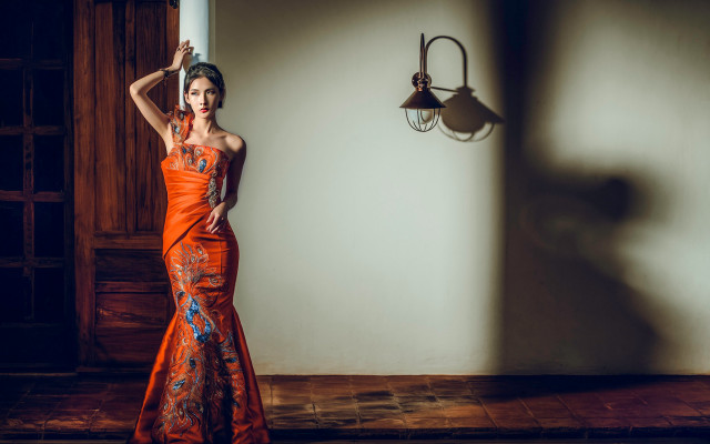 Woman orange dress chen lin free wallpaper - medium preview image