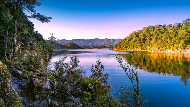 Lake mountains trees sky bench free wallpaper - medium preview image
