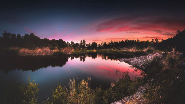 Lake sunset trees pink sky free wallpaper - medium preview image