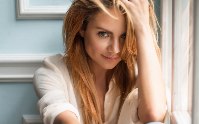Woman blonde blue eyes table free wallpaper - medium preview image