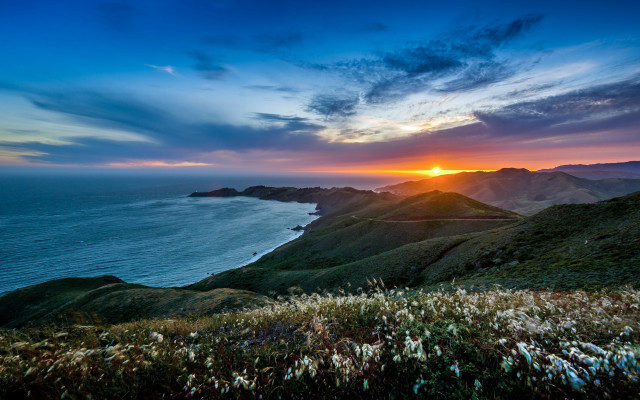 Sunset mountain water hills city free wallpaper - medium preview image