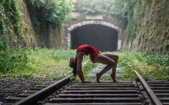 Woman red bathing suit train free wallpaper - medium preview image