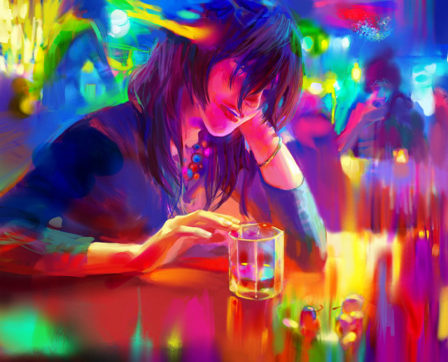 Woman sitting table glass water #2 free wallpaper - medium preview image