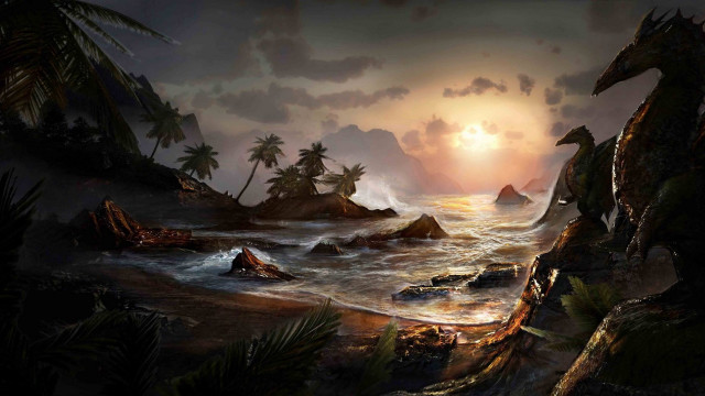 Sunset rocky beach dragon boat free wallpaper - medium preview image