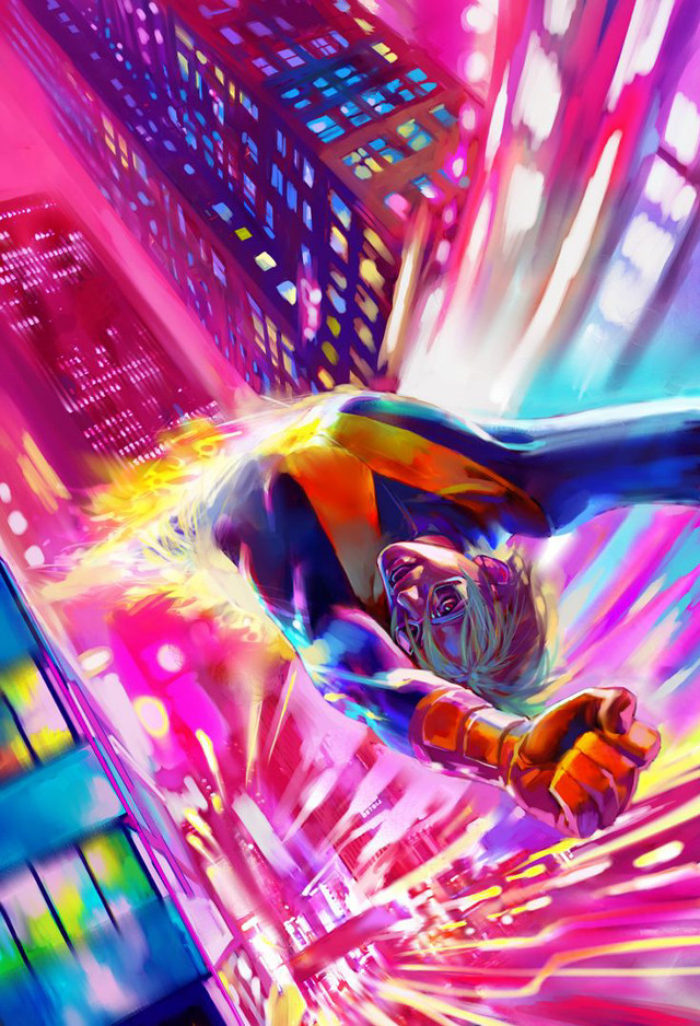 Colorful suit flying person cityscape free wallpaper - medium preview image