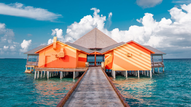 Pier house water sky clouds free wallpaper - medium preview image
