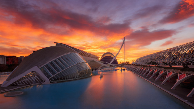 Large building pool sunset reflection free wallpaper - medium preview image