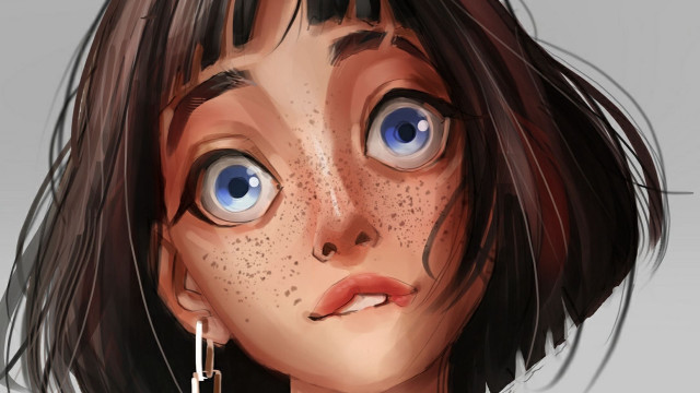 Freckled girl blueeyes digitalpainting portrait free wallpaper - medium preview image