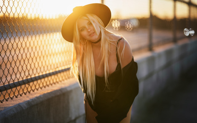 Blonde woman sunset fence hat free wallpaper - medium preview image