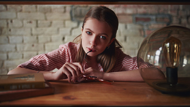 Girl table book lamp portrayal free wallpaper - medium preview image