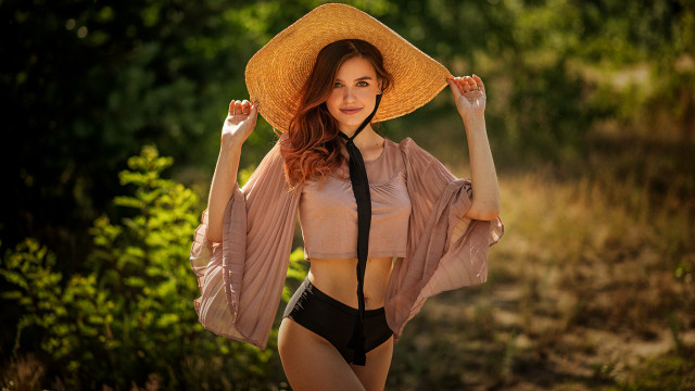 Woman bikini hat forest fashion free wallpaper - medium preview image