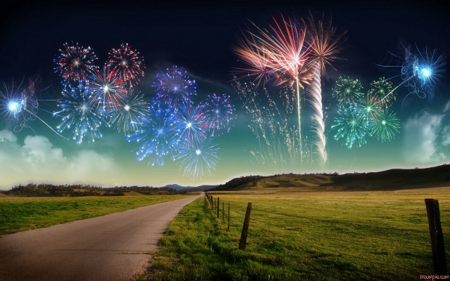 Fireworks sky road field fence free wallpaper - medium preview image