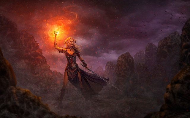 Woman sword fire darklandscape redlight free wallpaper - medium preview image