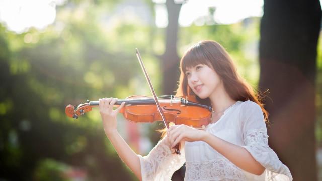 Woman violin park sunlight bokeh free wallpaper - medium preview image