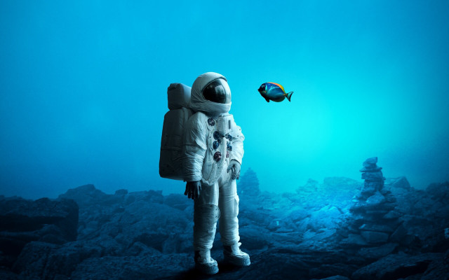 Space man water fish surreal free wallpaper - medium preview image