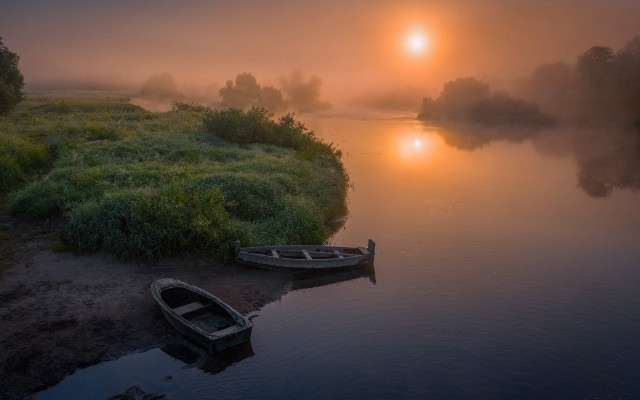 Boat shore river sunset fog #2 free wallpaper - medium preview image
