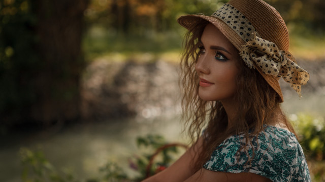 Woman hat river park bokeh free wallpaper - medium preview image