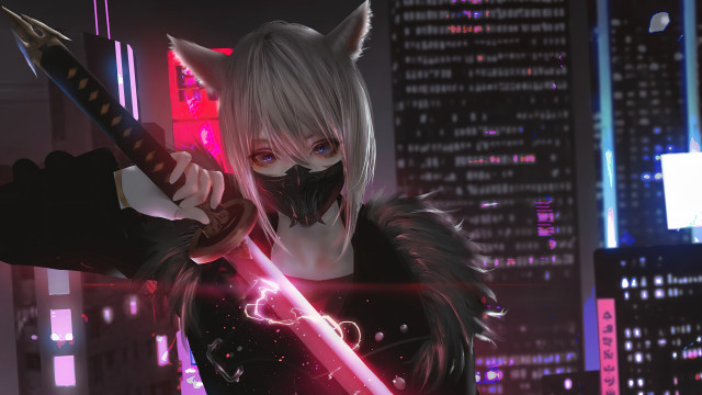 Cyberpunk fox girl neon city free wallpaper for desktop - medium preview image