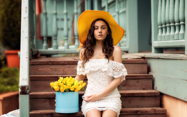 Yellow hat woman flowers basket free wallpaper - medium preview image