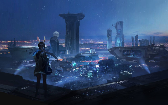 Rooftop futuristic cityscape night fireworks free wallpaper - medium preview image