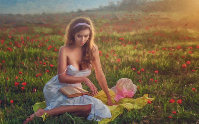 Woman flower field reading book free wallpaper - medium preview image