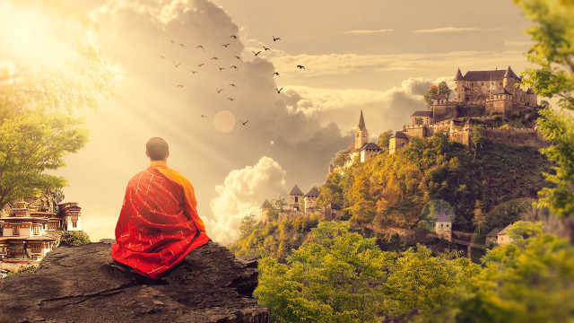 Castle birds sunset kimono mountains free wallpaper - medium preview image