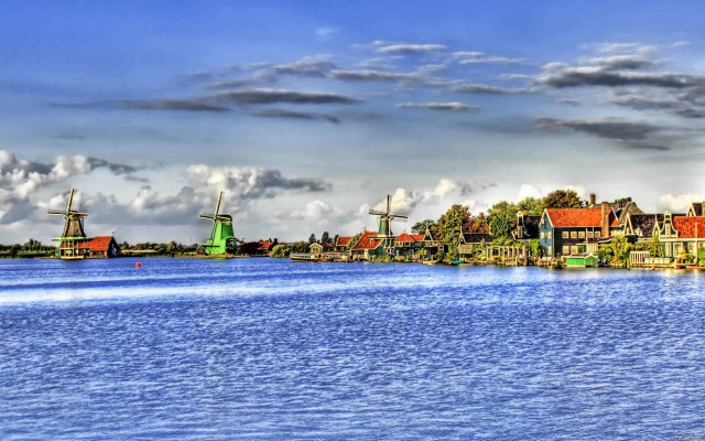 River houses windmills cloudy sky #4 free wallpaper for desktop - medium preview image