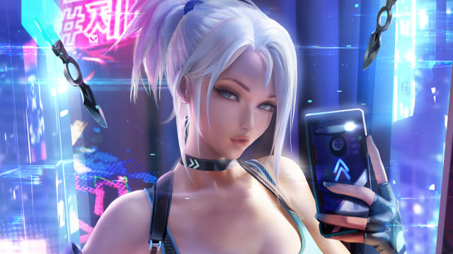 Futuristic neon woman cellphone cyberpunk free wallpaper - medium preview image