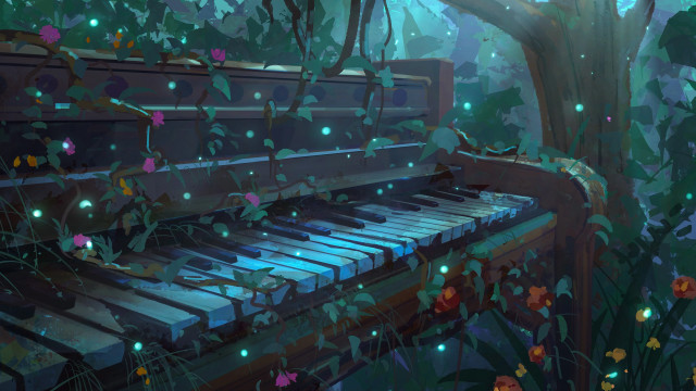 Piano forest flowers butterflies tree free wallpaper - medium preview image