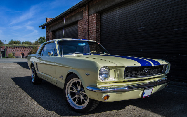 Yellow mustang garage blue stripe free wallpaper - medium preview image