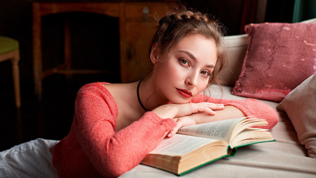 Woman lying bed book pinkpillow free wallpaper - medium preview image