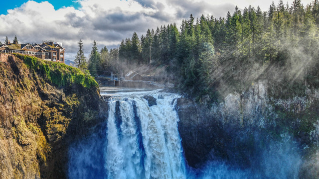 Waterfall house forest clouds tiltshift free wallpaper - medium preview image